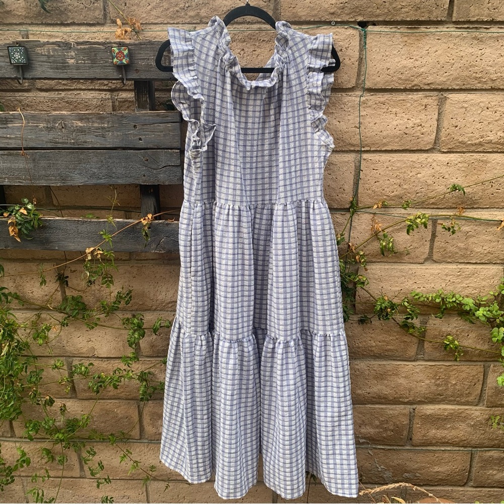 Carly Jean Los Angeles Blue & White Gingham Ruffle Tiered Dress